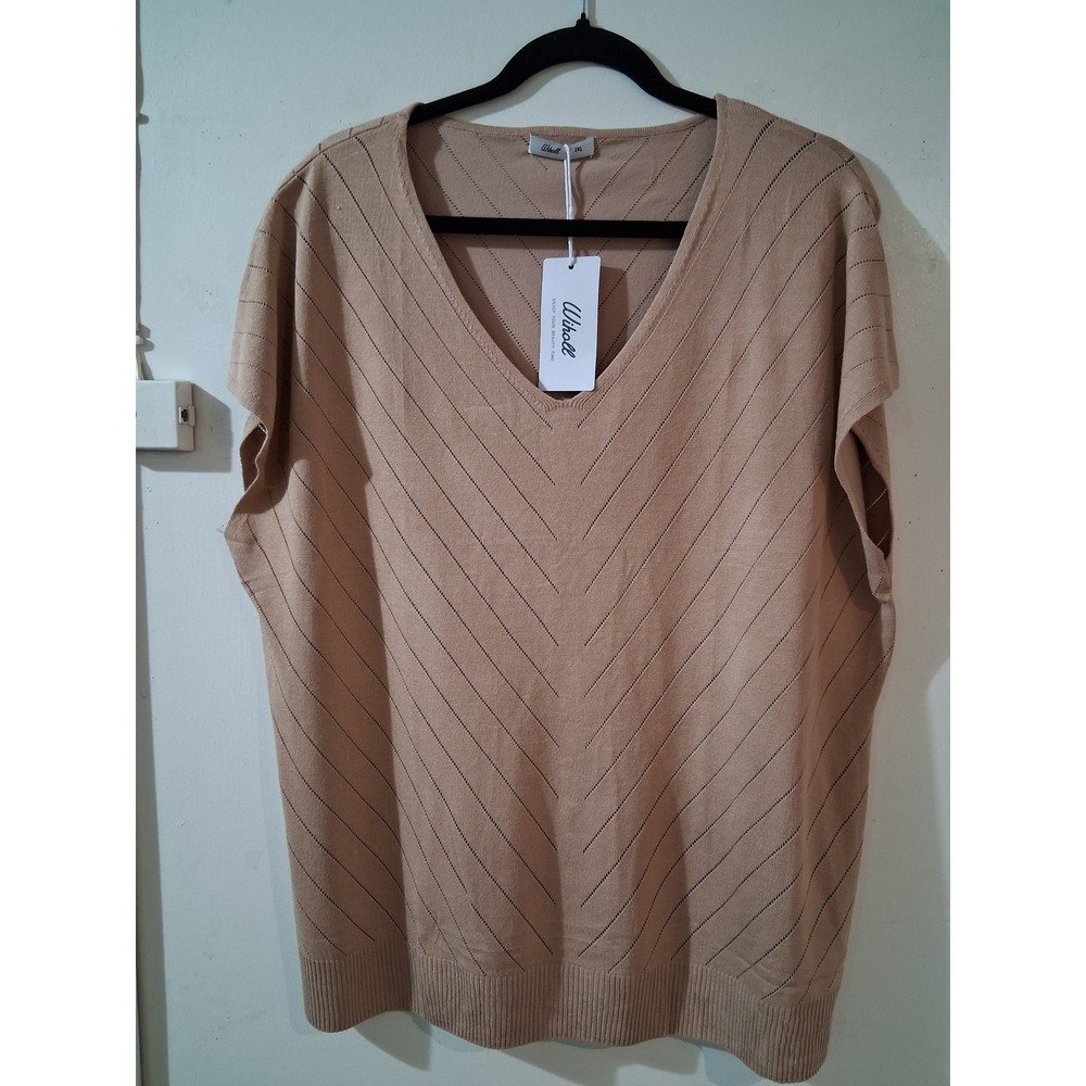 Wiholl Womens Tan Beige V-Neck Pointelle Chevron Short Sleeve Sweater Top 2XLNWT